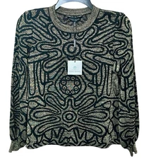 Ming Wang XS Lux Metallic Knit Black Gold Long Balloon Sleeve Tunic Top NWT