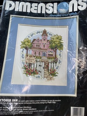 DIMENSIONS Stamped Cross Stitch Kit  Victorian Inn  12x14  Pink/Green NIP