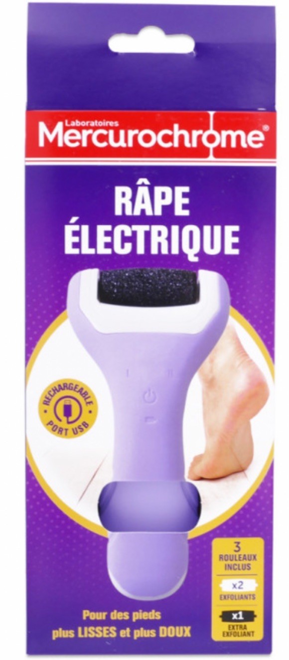 Râpe électrique Mercurochrome avec tête rotative et 3 rouleaux pour lisser la peau sèche