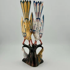 Guerrero Mexico carved & painted wood birds-in-tree sculpture Nahua 1960s VTG