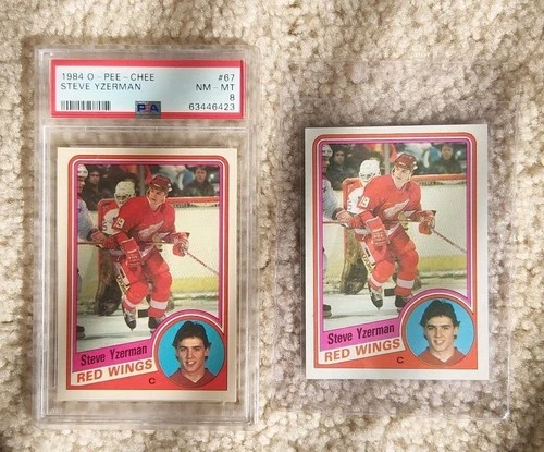 1984 O-PEE-CHEE #67 STEVE YZERMAN RC RED WINGS PSA 8 PLUS TOPPS RAW RC
