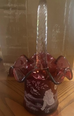 Fenton Mary Gregory Bird Watching Cranberry Glass Basket LTD ED #404/2350 