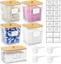 Laundry Pods Storage Container, 4 1 Set Clear Storage Bins with Bamboo Lids for