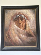 NATIVE AMERICAN INDIAN PAINTING TRIBAL CHIEF PORTRAIT LISTED FAMOUS TROY DENTON