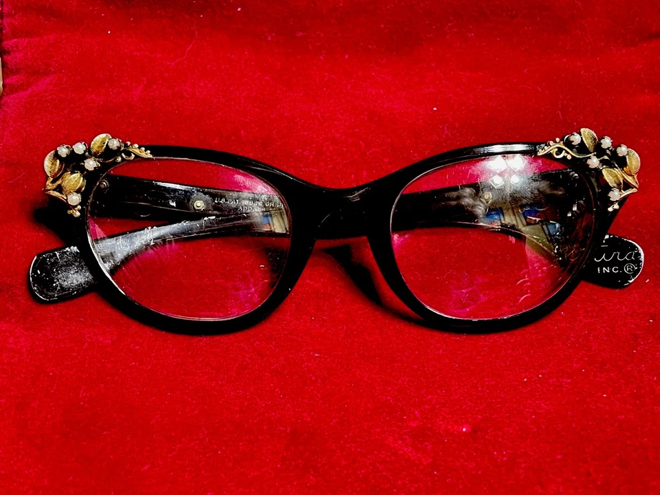 Monturas de gafas negras Tura Inc vintage 3D - enredaderas y hojas doradas con perlas  Foto 2 de 4