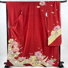 JAPANESE KIMONO FURISODE RED 166.5cm 5 ft 6 in PURE SILK B1588