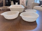 VTG Fire King 1.5 QT Milk Glass Casserole Dish Swirl Design With Lid and 3 dishe