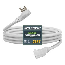Flat Plug Extension Cord 25 FT 16 AWG 3 Prong Grounded Low Profile White