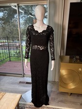 Elegant Black Lace Long Sleeve Maxi Dress Sheer Waist Evening Gown