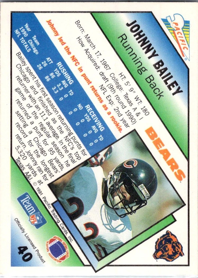 1991 Pacific Johnny Bailey #40 Chicago Bears - Image 2 of 2