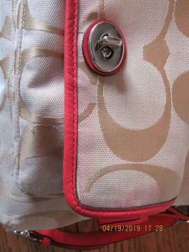 Coach Signature C Hot Pink/Coral Lether& Khaki Satchel, Purse,Crossbody, Handbag - Picture 3 of 12