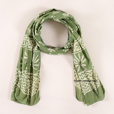 Verde Morbido Cotone Lungo Mano Blocco Fiore Stampa Scialle Stola