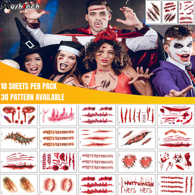 30 Pcs Halloween Scar Tattoo Temporary Body Tattoo Sticker Blood Fake Waterproof