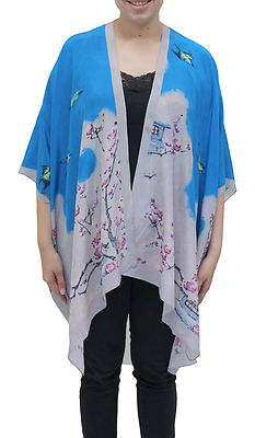 Cherry Blossom Silk Long Kimono Jacket Oversized One Size Plus  NWT