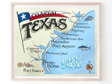 Texas Coast Line map PRINT decor print vintage  style  lone star state