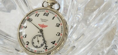 稼働品 美品 MARATHON 18 JEWELS 手巻き 懐中時計 クリーム色 Antique marathon Watch Co. Pocket Watch 18 Jewels Sub Dial Train