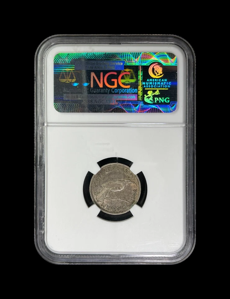 NEW ZEALAND. 1942, 6 Pence, Silver - NGC XF45 - KGVI, Huia Bird, Key Date - Image 4 of 4