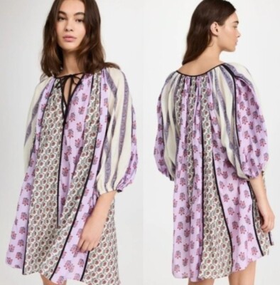 Atemberaubendes Kleid Rhode Sita Violett Multi Print 3/4 Puffärmel S M L
