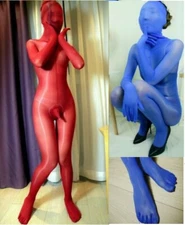 Unisex Oily Shiny Bodysuit Full Bodystocking With 5 Toes & Gloves TOP Mask Hood 