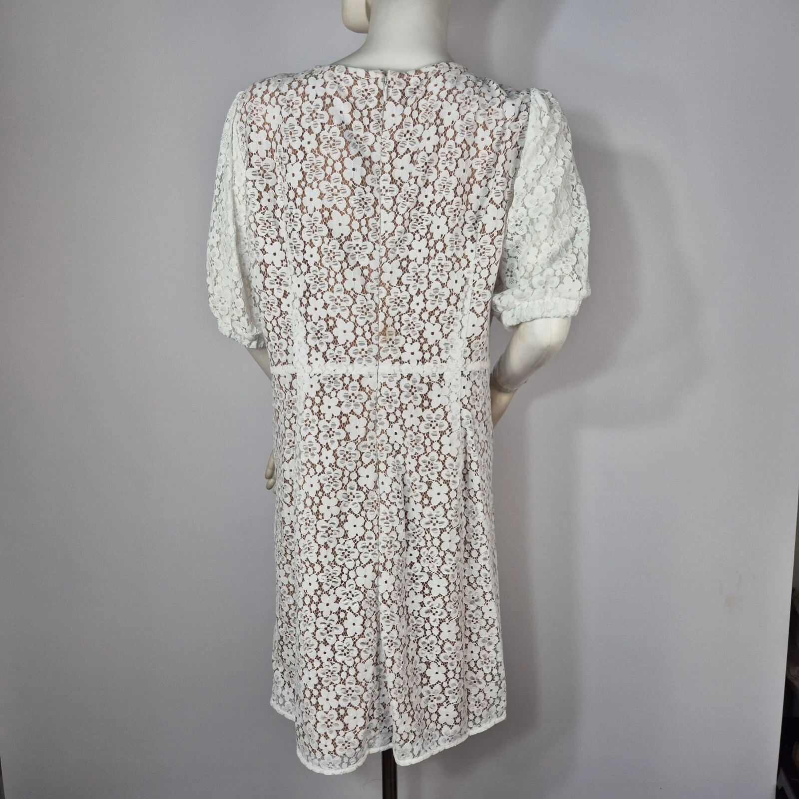Mini abito donna Michael Kors taglia 8 scollo a V pizzo bianco foderato manica corta (03