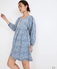 Madewell Sz M Bubble-Sleeve Button-Front Mini Dress Indigo Paisley 100% Cotton