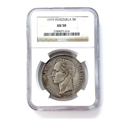 1919 VENEZUELA 5 BOLIVARES ANTIQUE SILVER COIN AU50 0.900 Silver CROWN NGC