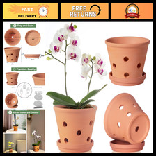 6" Terracotta Orchid Pots with Drainage Holes & Saucers - 3 Pack Clay Planters f