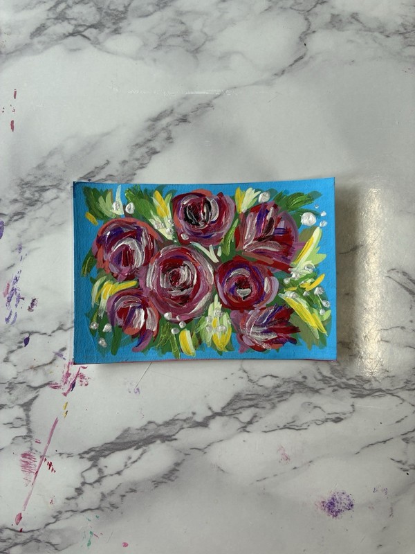 ACEO Original Art Card Acrylic Painting Pink Roses Flowers Crazecreations OOAK