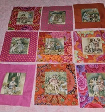 Lot Of 9 OOAK Kaffe Fassett Borders Victorian Children Picture Quilt Blocks 10 A