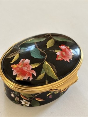 HALCYON DAYS EMAILLE BOX MRS DELANEY PAPIERMOSAIKE FLORAL SCHWARZ GOLD SEHR GUTER ZUSTAND