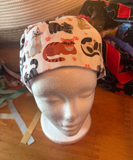 Handmade White Multicolor Cat Print Cotton Medical Scrub Cap, Unisex, OS