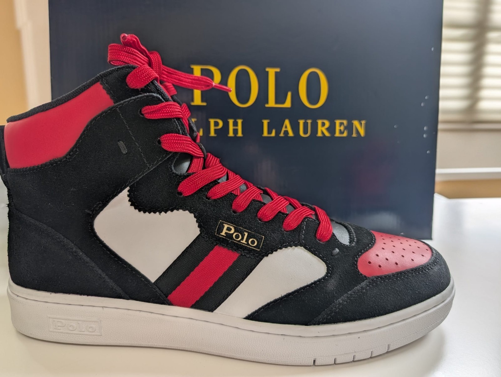 Polo Ralph Lauren Court High-Top Sneaker Black Red Suede Lea