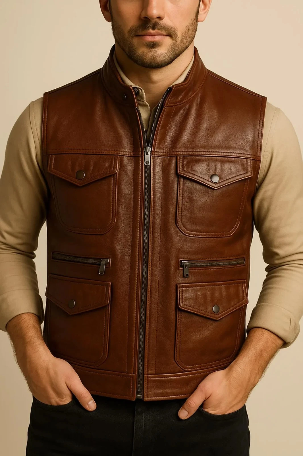 Men’s Brown Sheepskin Leather Utility Vest – Handmade Biker Waistcoat