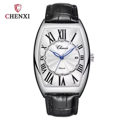 CHENXI 8217 Herrenuhr silberfarbenes Gehäuse schwarzes Lederarmband Quarz Kalender ''