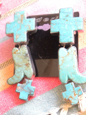 FEDERICO TURQUOISE STERLING BOOTS & CROSSES CLIP ON EARRINGS 2-3/4''