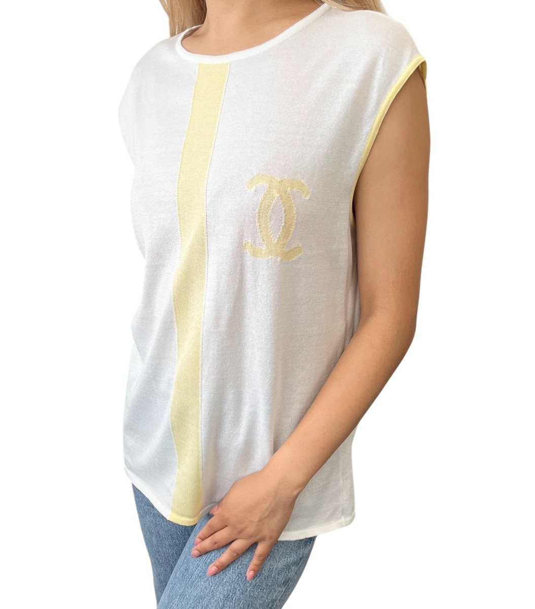CHANEL Vintage 00S CC Logo Knit Tank Top #42 Sleeveless White