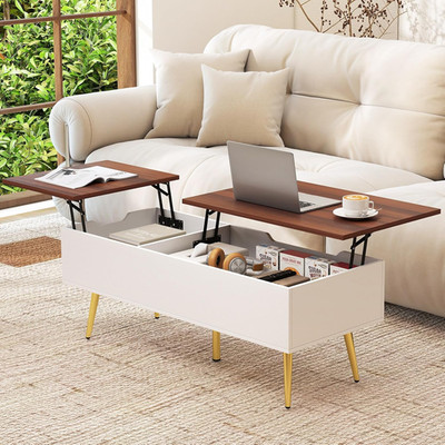 Lift Top Coffee Table, Mid Century Modern Center Table with Split Top & 2 Hidden