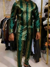 2pcs Men'S Luxury Casual Set - Emerald Green Shiny Geometric Print Long-Sleeve S