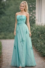 Niki Livas Blue/Green Formal Pleated Top Floral Beaded Sheer Overlay NWT sz 14