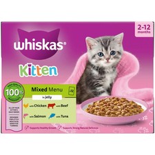 144 x 85g Whiskas Kitten Mixed Menu Wet Cat Food Pouches in Jelly 4.57 per kilo
