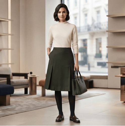 Burberry, Burberry Dark Green Pleated Knee-Length Skirt Size 6 Classic Tailored Elegance