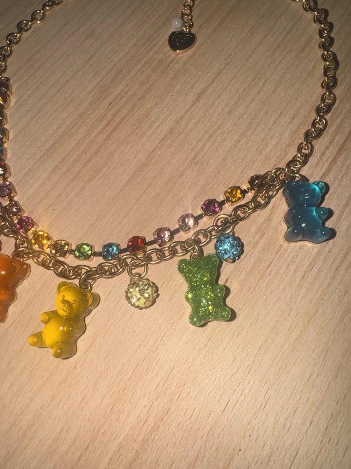 Collar Betsey Johnson Arco Iris Oso Gomoso Dije - Tono Dorado, Doble Cadena, Y2K Foto 3 de 4