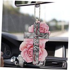 Pink Cross Rose Rosy God Faith Christian JesusD Flat Car Rear View Mirror 2