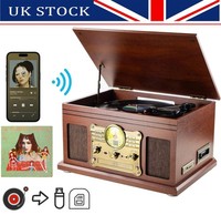 Vinyl Record Player with Speakers 3 Speed Turntables AM/FM Radio CD Vintage Deco