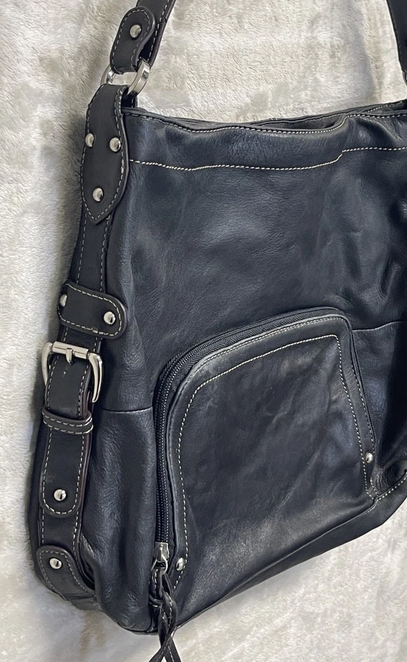 复古 Tignanello 黑色真皮 L 单肩包手提包钱包拉链口袋 — 第 2/4 张图片