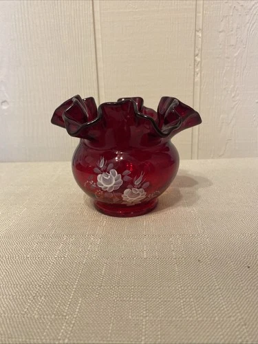 FENTON Vintage Scalloped Ruby Red Cadmium Glass 3.75” Bowl HP & Signed by Artist