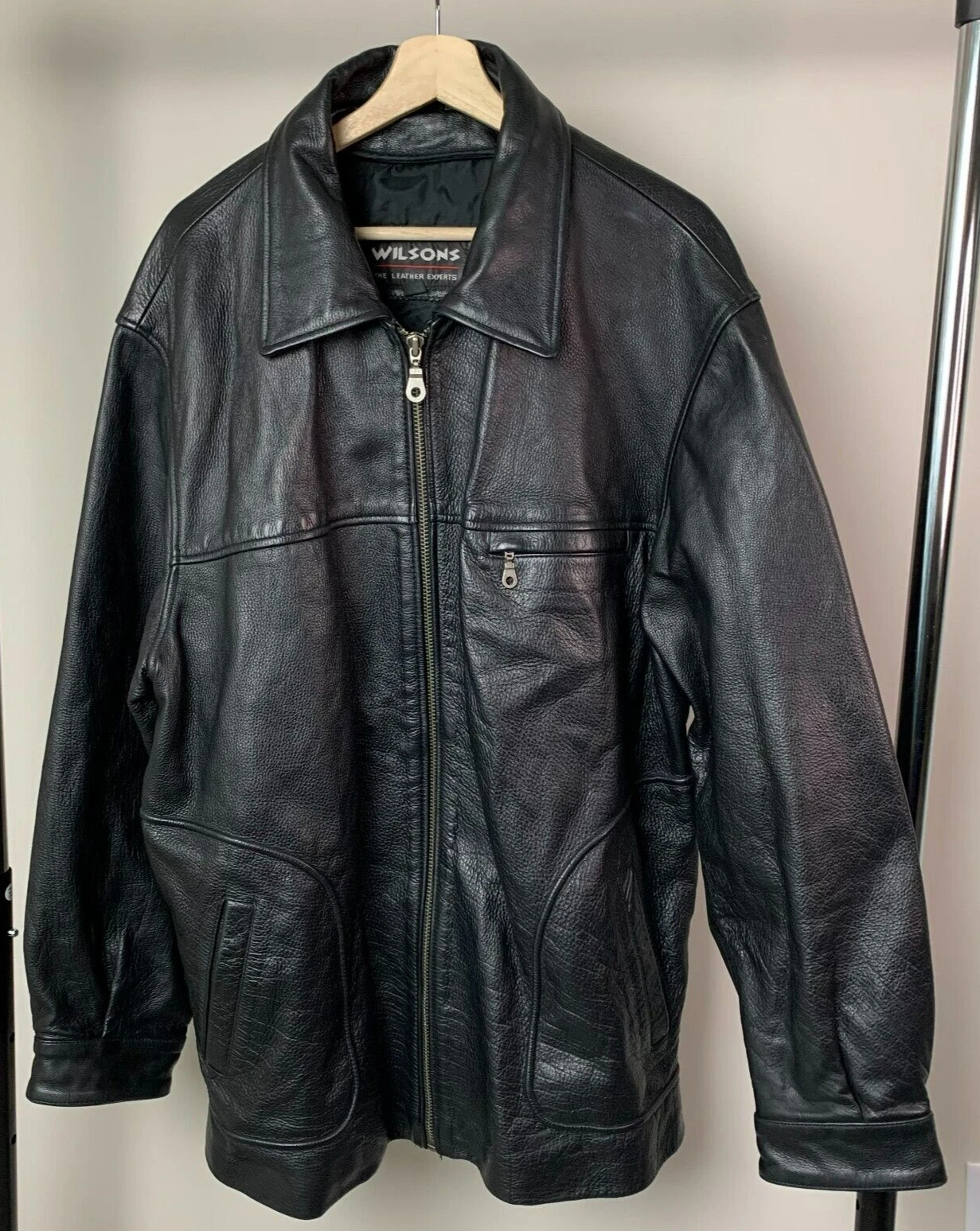 Wilsons Jacket Black Leather Collared Zip Front Pockets Lined Buckles Size XL