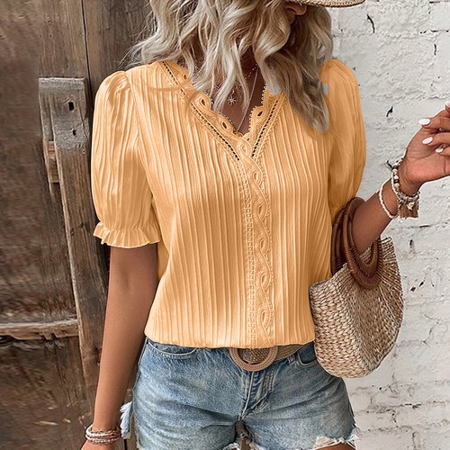 Women's V Neck Short Sleeve Hollow Floral Blouse Ladies Summer Tops Tee T Shirt - Picture 9 of 23