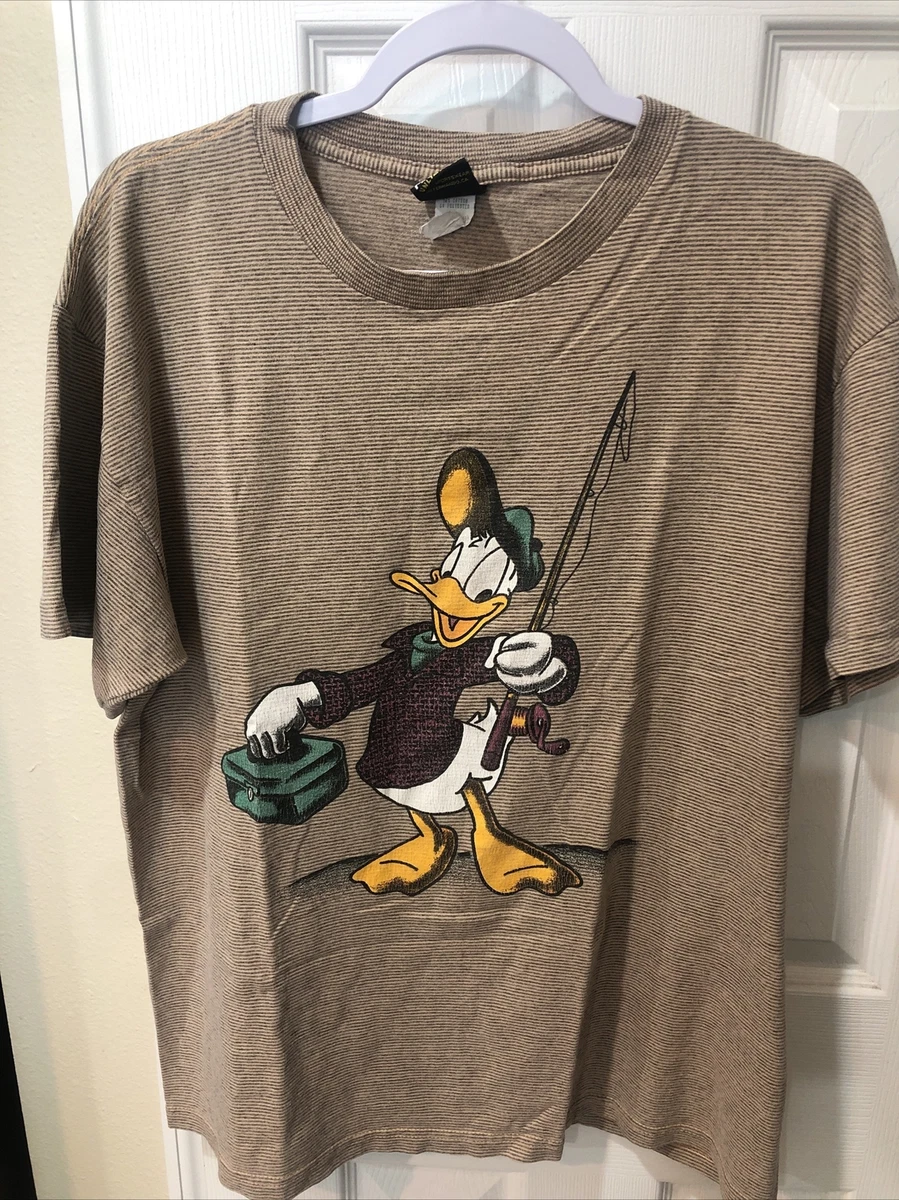 VTG 90s Mickey Unlimited Disney T-shirt, Donald Duck Fishing, Beige Size L