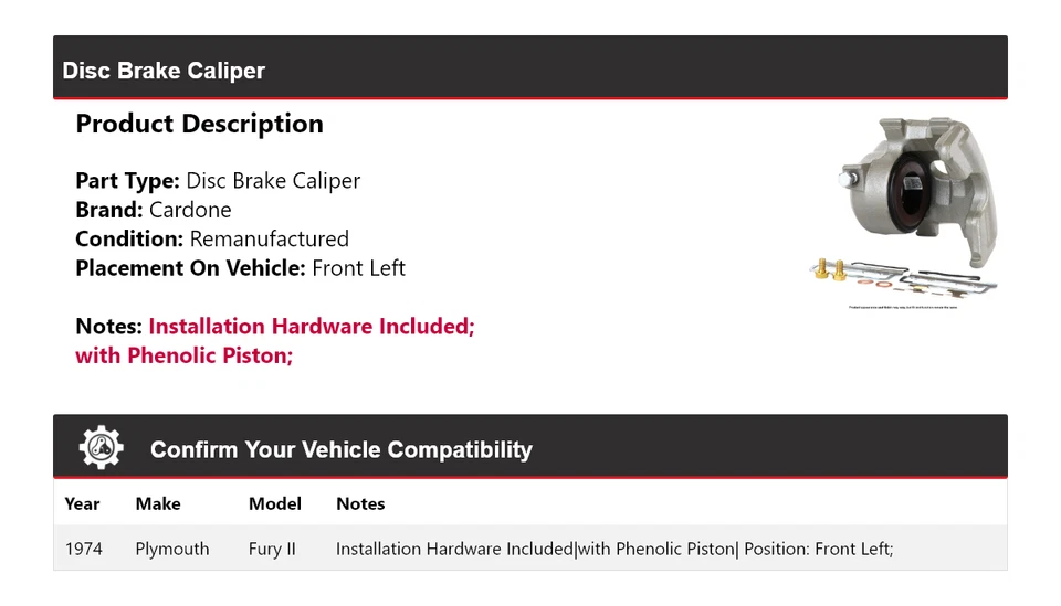 Pinza de freno de disco delantera izquierda Cardone para 1974 Plymouth Fury II Foto 2 de 4